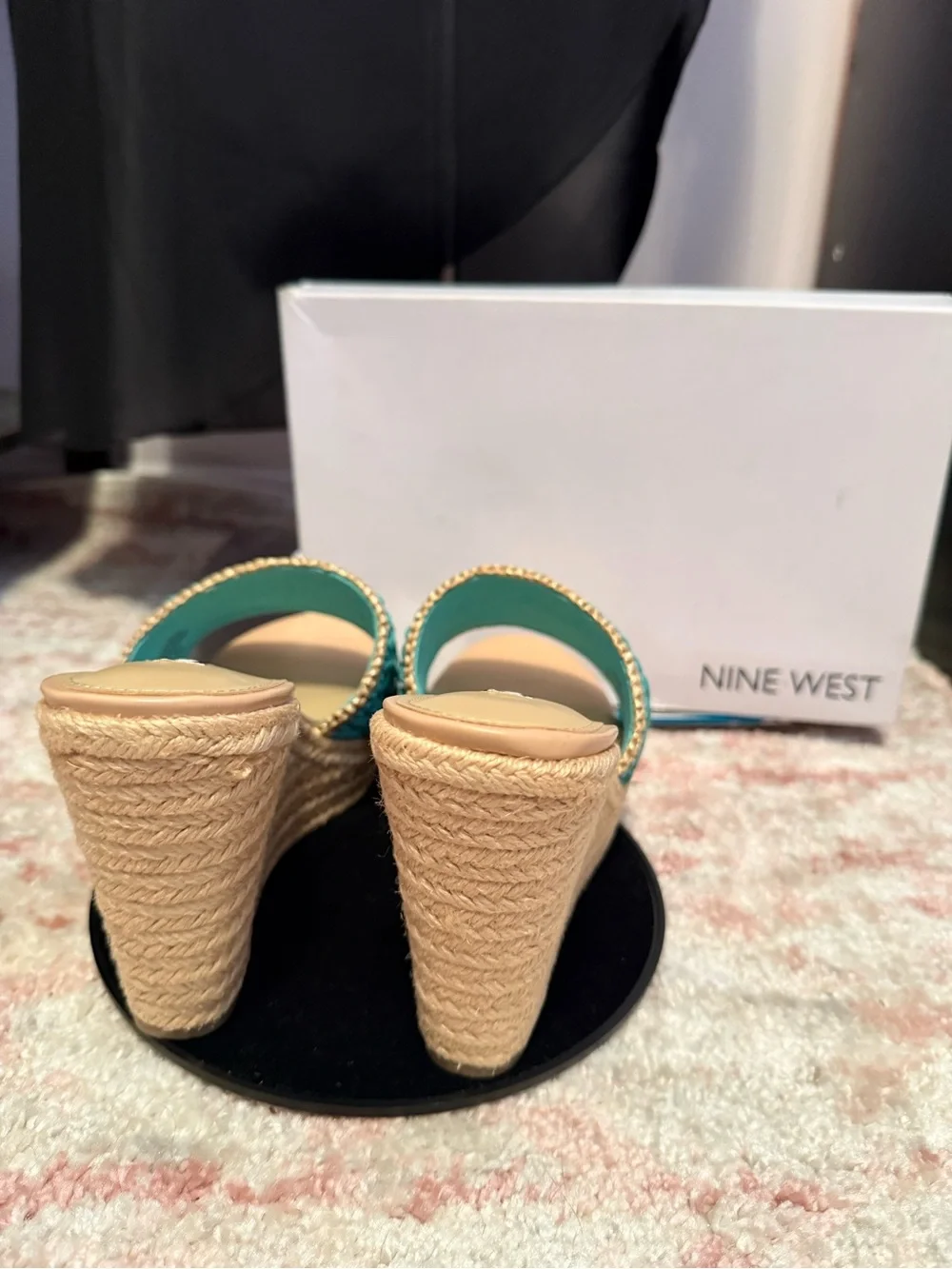 Nine West Teal Woven Slide Wedge Sandals with Tan Platform